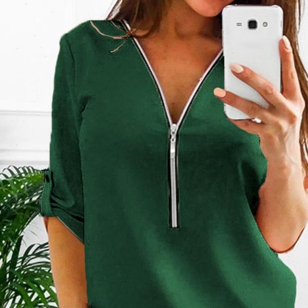 

zipper short sleeve womens blouses v neck solid tee female clothes plus size 5xl, White