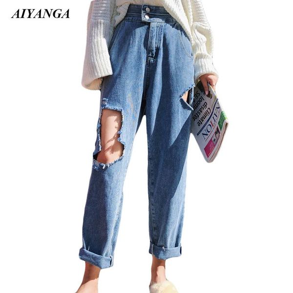 

fashion hole jeans women high waist denim trousers female casual straight pants summer autumn jean loose big size women's, Blue