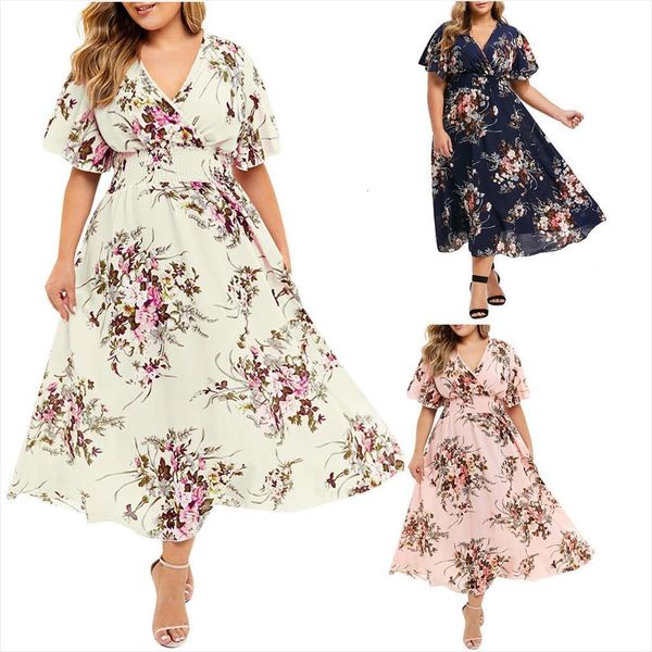 

summer plus size floral womens dress printed v neck short sleeve boho casual ladies elegant clothes vestidos mujer, Black;gray