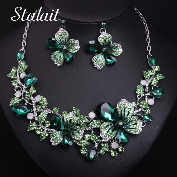 

earrings & necklace 7 colors multi-color flower short jewelry sets colorful crystal plum blossom bridal wedding, Silver