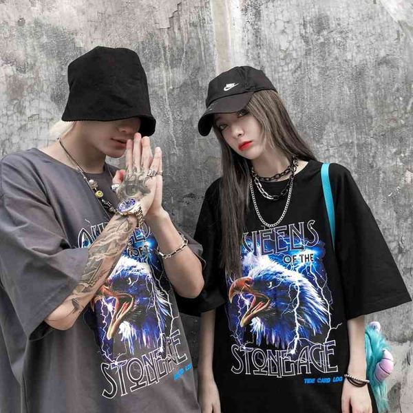 

dark black high street fashion brand short sleeve women's summer hiphop loose size couple's super fire t-shirt, White;black