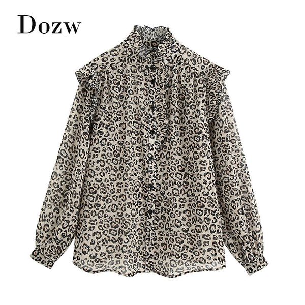 

women fashion leopard print ruffled blouses vintage long sleeve chiffon blouse shirt see through ladies chic 210414, White