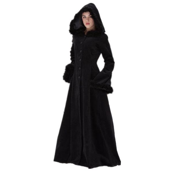 

women autumn winter vintage wool coat steampunk floor length hooded medieval warm fur trim maxi gothic witch party costume, Black