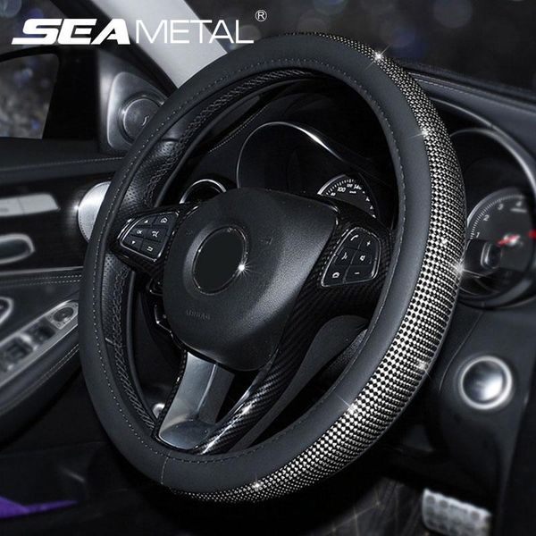 

steering wheel covers universal car cover crystal rhinestone interior pu leather steering-wheel bling style accessories