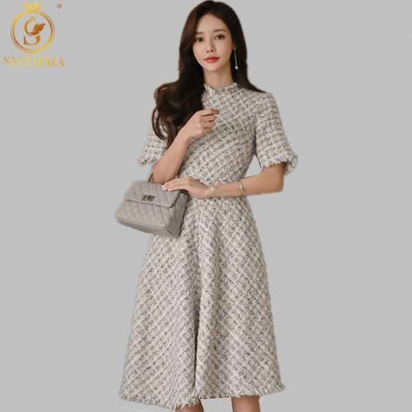 

spring and summer woolen tweed dress women short sleeve high waist midi elegant plaid slim korea 210520, Black;gray
