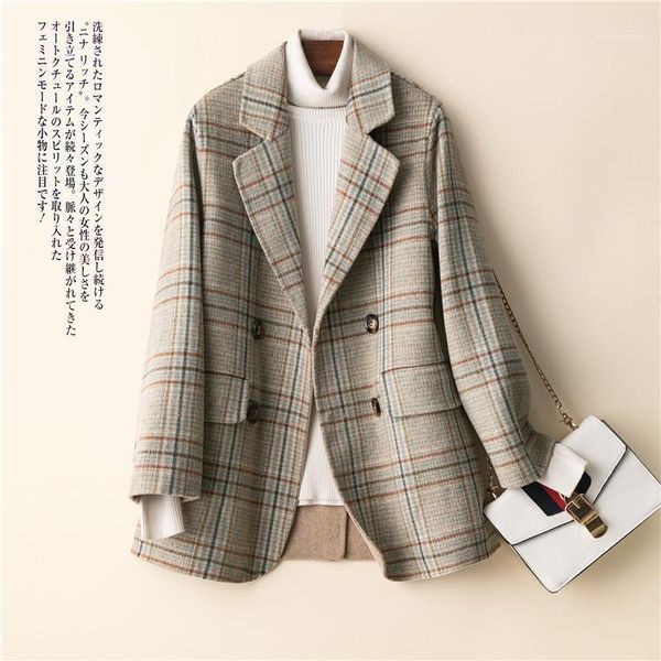 

women's wool & blends plaid woolen coat cardigan jacket coats and jackets spring winter 2021 female vintage lattice suit, Black