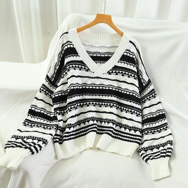 

women's sweaters 2021 fall and spring women chic striped vintage jumper sweater v neck long sleeve female clothing korean style y2k pul, White;black