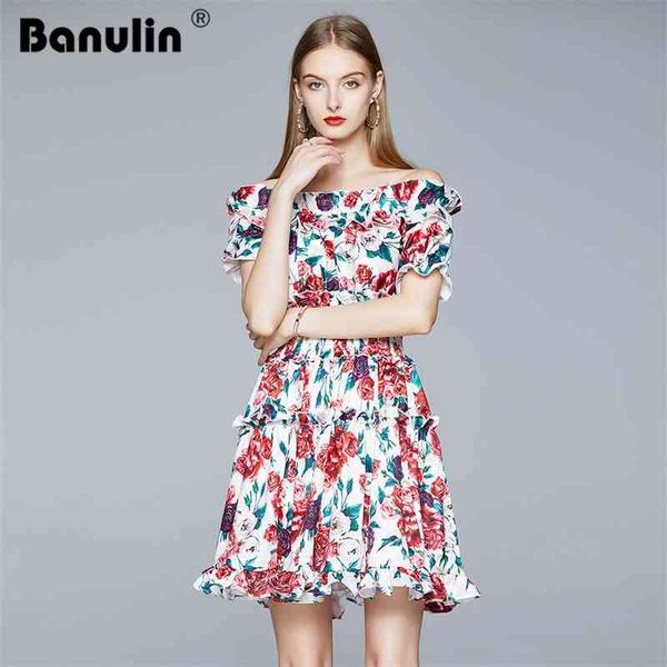 

banulin elegant runway summer dress women's short sleeve ruffles elasticity waist red rose print off shoulder 210603, Black;gray