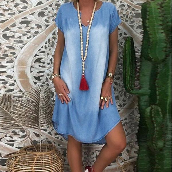 

ethnic clothing summer elegant denim mini dresses women short sleeve v neck jean dress pluse size loose beach party, Red