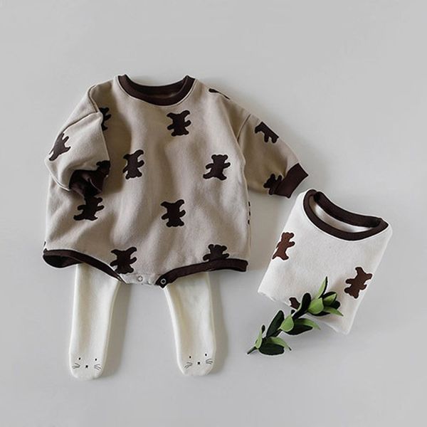 Primavera recém-nascido meninos bodysuit urso imprimir meninas roupas soltas manga longa toddler jumpsuit algodão bebê onesie 210413