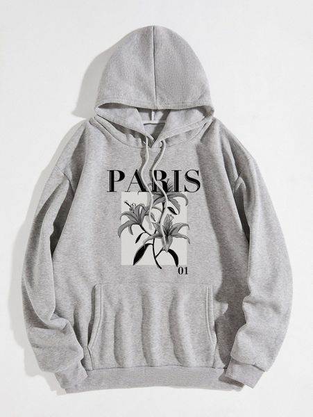 

letter & floral print kangaroo pocket drawstring thermal hoodie o17d#, White;black