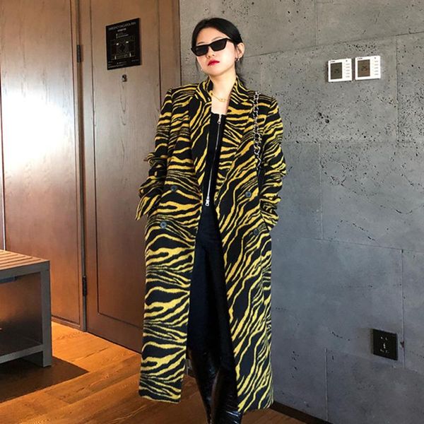 

women's wool & blends [ewq]2021 winter over knee style turn-down collar long-sleeved pannelled zebra pattern straight minimalist woolen, Black