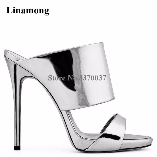 

dress shoes brand women fashion open toe patent leather thin heel slipper sandals silver gold slip-on cut-out high, Black