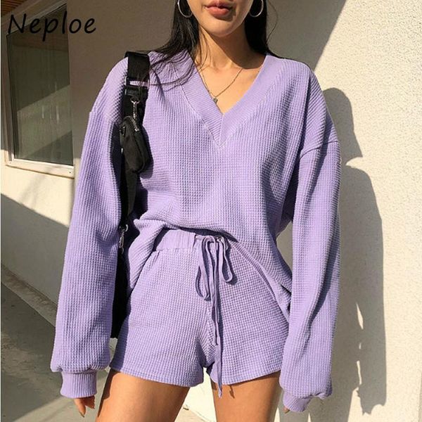 

women's tracksuits neploe female suits 2021 euramerican style autumn knitted v-neck lantern sleeve pullovers and solid shorts women two, Gray