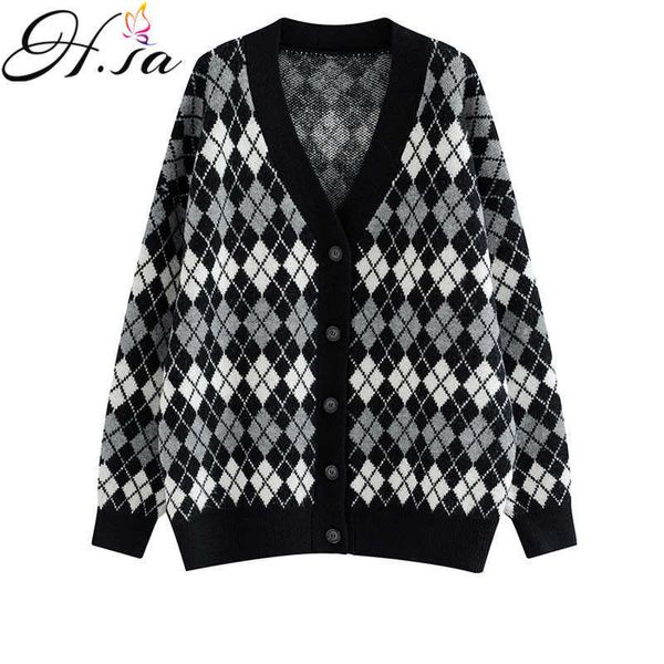 

h.sa women clothing long sweater cardigans v neck argyle sweater jumpers patchwork long knit jacket oversized warm cardigan 210716, White;black