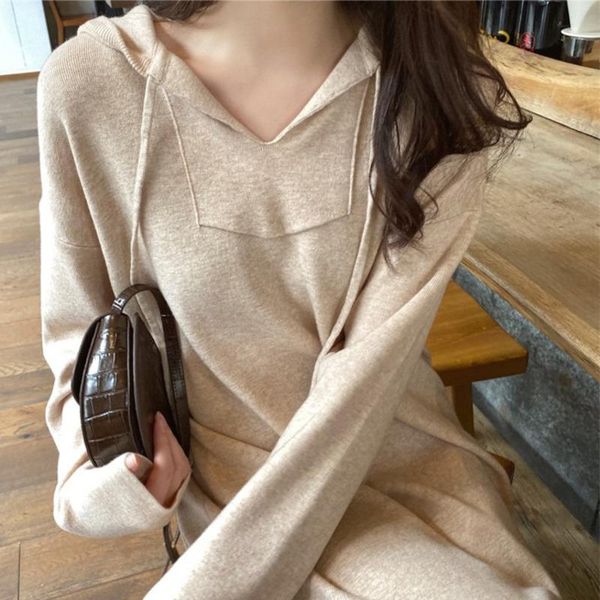 

casual dresses autumn and winter 2021 french solid hooded knitting split maxi dress elegant long sleeve korean fashion kleider damen, Black;gray