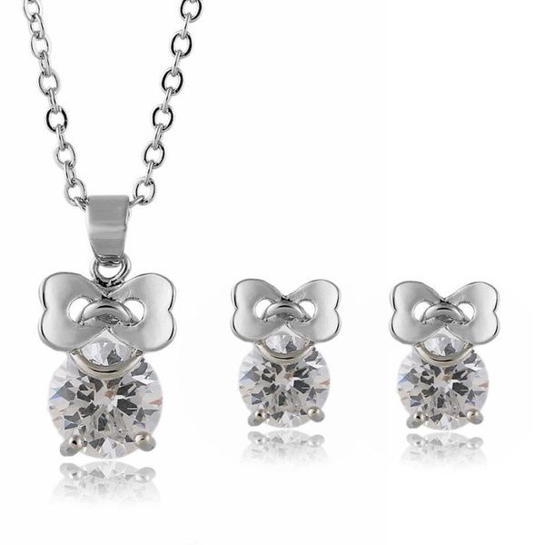 

earrings & necklace romantic cz zircon jewelry bowknot set for women, Silver