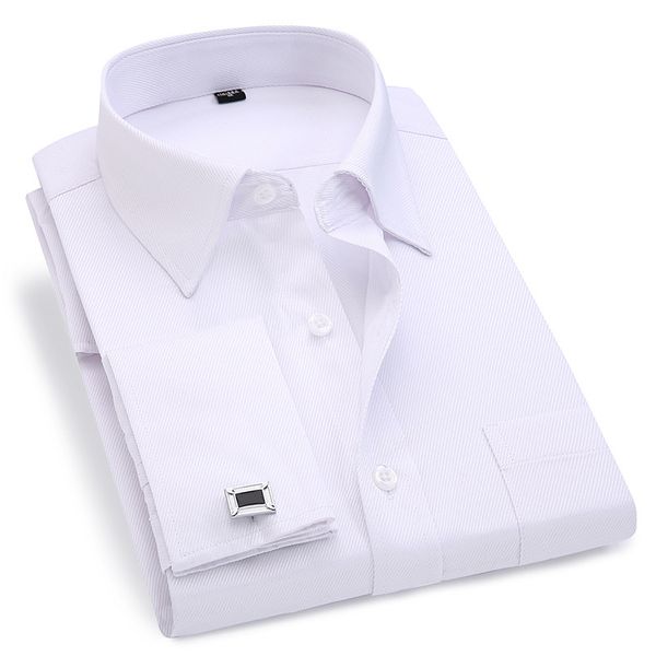

men french cuff dress shirt 2021 new white long sleeve casual buttons shirt male brand shirts regular fit cufflinks included 6xl, White;black