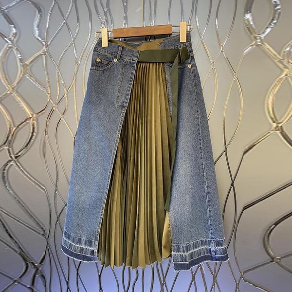 

skirts 2021 korean retro spring summer skirt women clothes pleated patchwork denim belt fashion female, Black