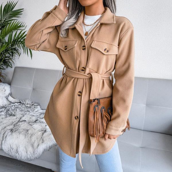 

women's jackets women woolen overcoat fashion concise lapel mid-long style single breasted jacket with belt loose casual solid ladies c, Black;brown