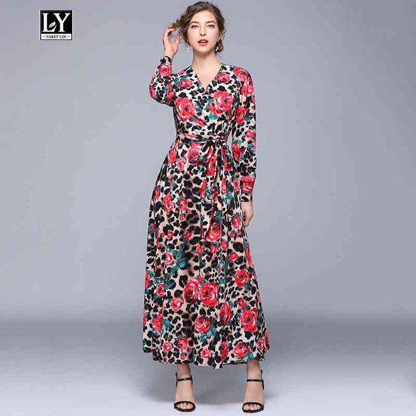 

dresses women leopard print sash tie up v neck long sleeve vintage female elegant ankle-length dress, Black;gray