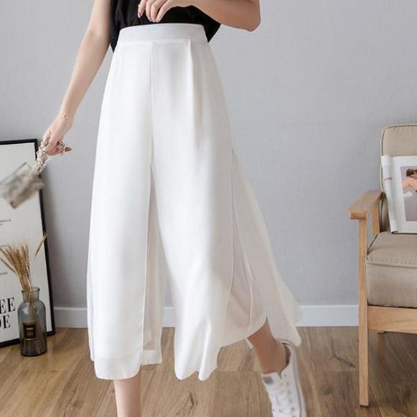

women's pants & capris thin chiffon long wide leg skirts summer streerwear women elegant calf-length crop loose casual boho woman trous, Black;white