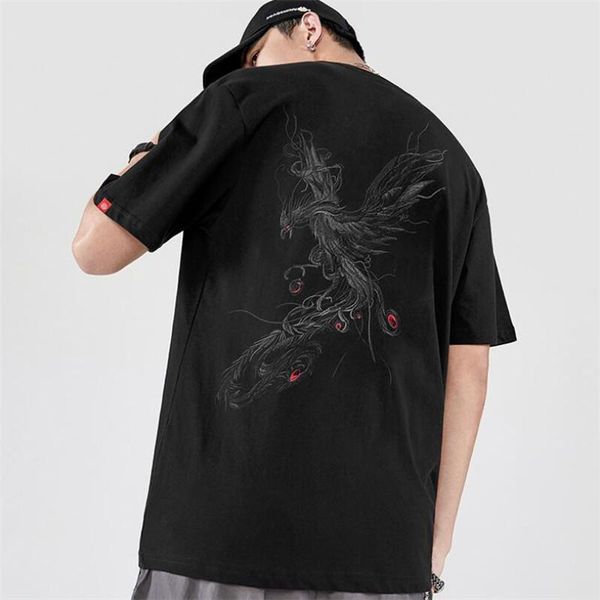 

men's t-shirts streetwear t shirt men 2021 summer loose fitting hip hop t-shirt china harajuku phoenix embroidery sport pullover, White;black