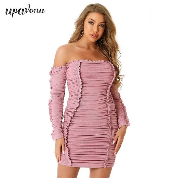 Free Women Summer Mini Dress Sexy Card Shoulder Manica lunga increspato drappeggiato aderente Club Night Party Vestidos 210524