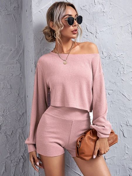 

drop shoulder rib-knit crop & wide waistband shorts set h9g8#, White