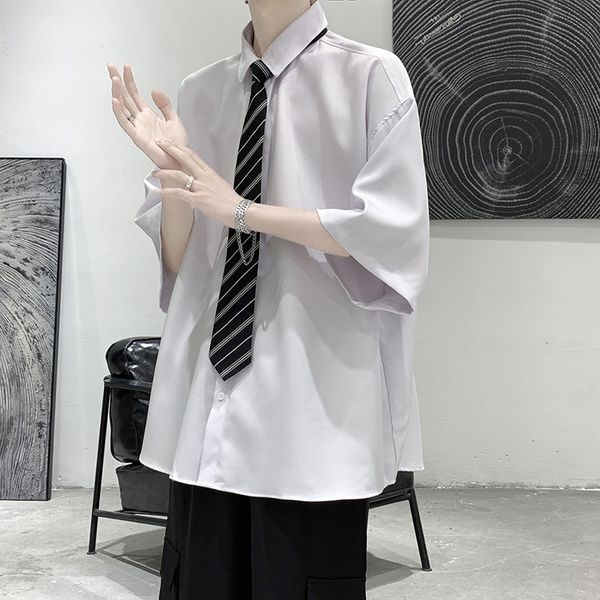 

men's casual shirts korean tie dress fashion black white men streetwear summer loose short sleeve mens -2xl gano, White;black