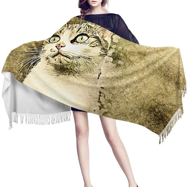 

scarves art illustration cat retro texture mottled women cashmere beach scarf thin pashmina shawls and wrap female foulard hijab stoles, Blue;gray