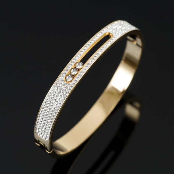 Luxo CZ Crystal Crystal Aço Inoxidável Mulheres Pulseira Rhinestone Sliding Bangle para Mulheres Casamento Festa Banda Pulseira Jóias Presente Q0717