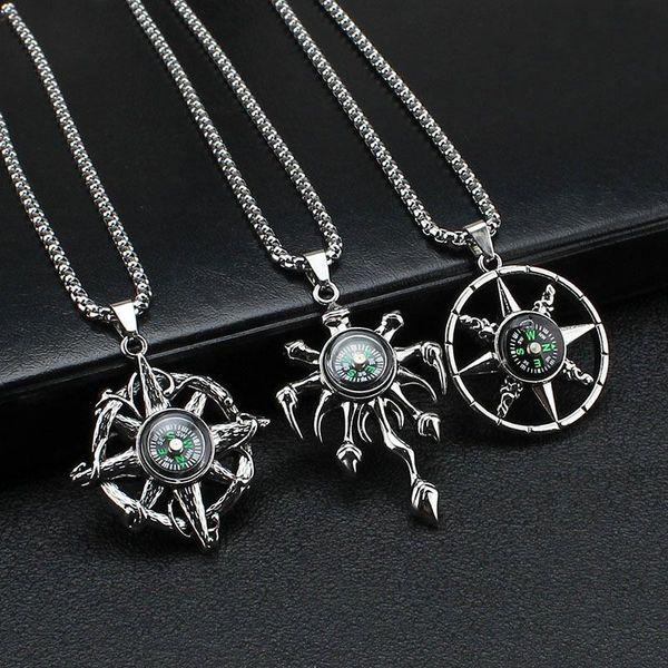 

pendant necklaces european and american hip-hop star compass necklace retro punk style wild fashion simple, Silver