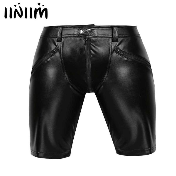 iiniim Herren Sexy Leder Club Moto Shorts Voller Reißverschluss vorne Knopf Druckknopfverschluss Punk Fashion Shorts für Abendparty Kostüme X0628