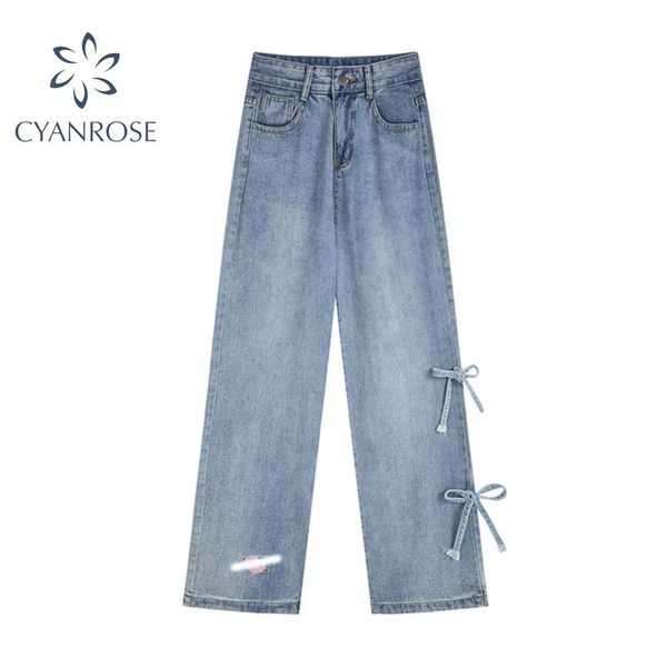 

women's jeans streetwear high waist women fashion lace up bow wide leg 2021 autumn y2k punk casual denim pants mom trousers, Blue
