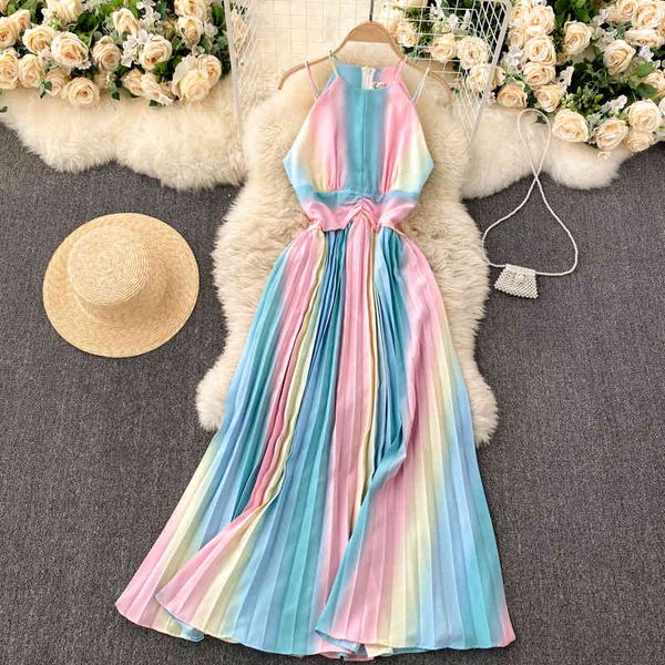 

casual dresses summer women off shoulders spaghetti strap gradient color ladies sleeveless slim pleated long swing slip cw87, Black;gray