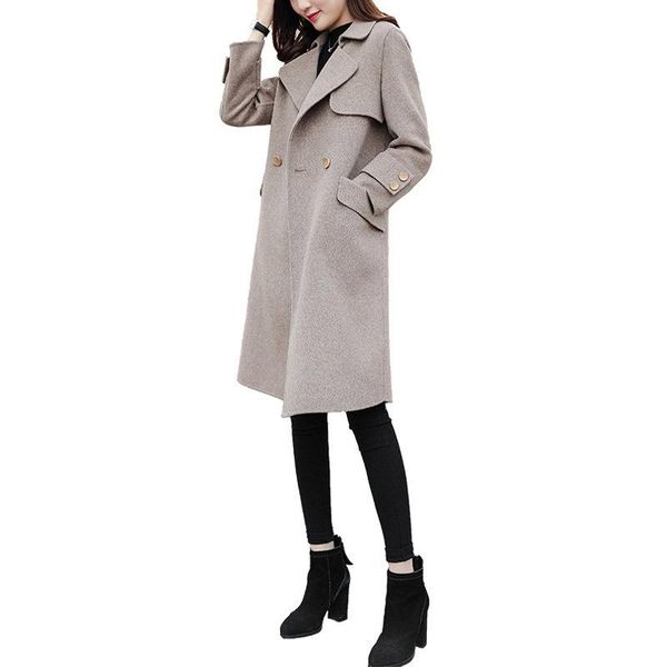

women's trench coats version of loose woolen coat in the long section hepburn style autumn and winter high-end windbreaker, Tan;black