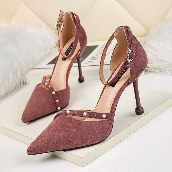 

summer buckle women's sandals pointed toe pearl rivet fashion ladies dress sandal flock shallow high heel party shoes women, Black