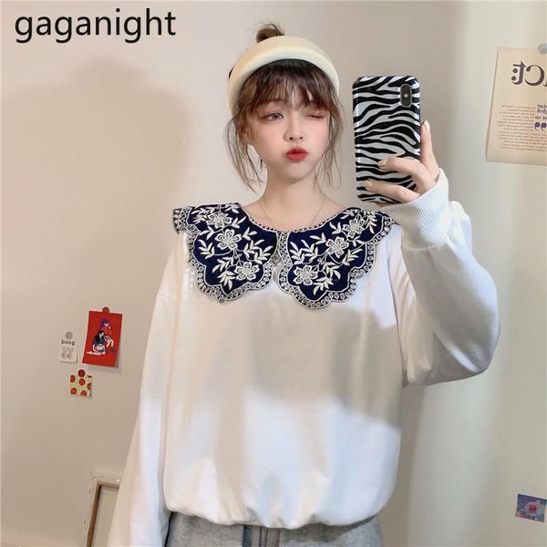 

women's hoodies & sweatshirts gaganight fall women winter hoodie sweet embroidery flower collar sweatershirt patchwork loose kawaii chi, Black