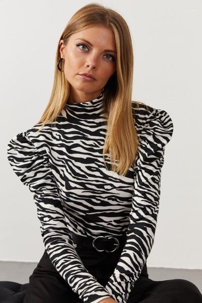 

cool & women balloon sleeve zebra pattern blouse ey10621, White