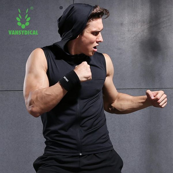

running jacket men solid black long sleeve hooded sportswear training fitness zipper sleeveless gym clothing workout active jackets, Black;red