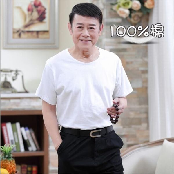 

middle aged elderly summer short sve men's cotton white t-shirt father's round neck solid color loose and comfortable old 's, White;black