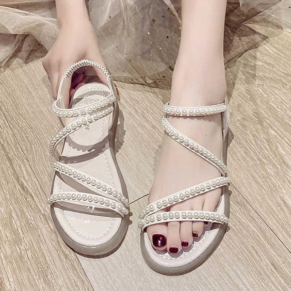 

sandals fashion pearl strap women comfortable soft non-slip flat woman shoes summer 2021 outdoor casual sandalias mujer, Black