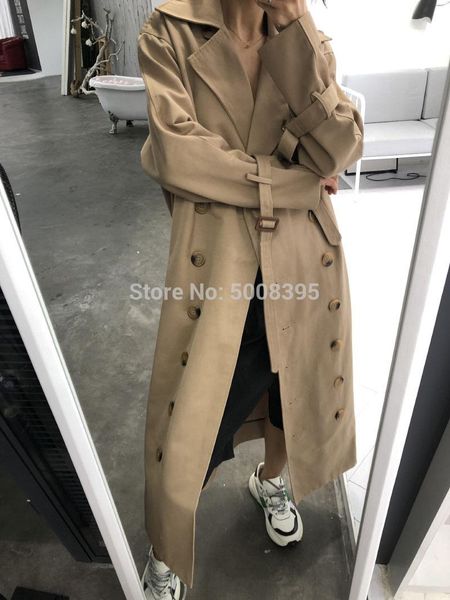 

women's trench coats [elfstyle] - ladies overcoat cotton double breasted long sleeves with cuffs belt, Tan;black