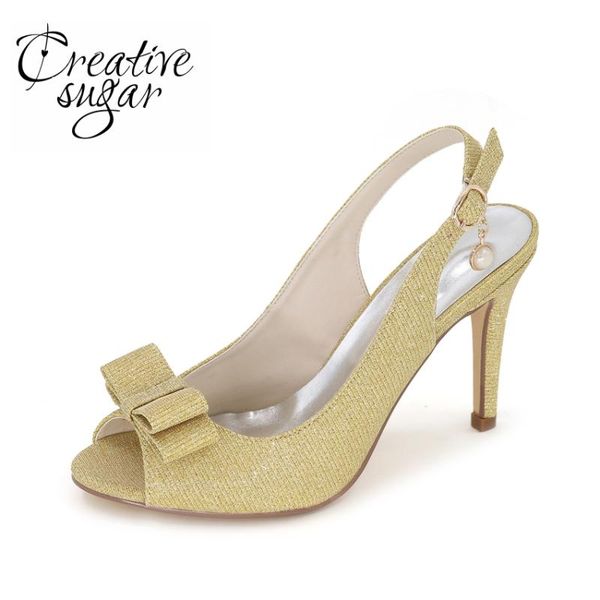 

creativesugar sparkle glitter slingback open toe woman pumps with bow wedding party cocktail dress gold silver blue black shoes