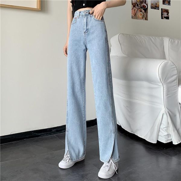 

women's jeans stretch woman 2021 fashionale high waist denim loose trousers flared pants women split fork, Blue