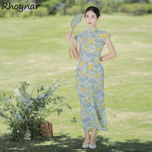 

casual dresses vintage women slim chinese style ankle-length vestdios printing summer streetwear elegant lady feminine mujer leisure, Black;gray