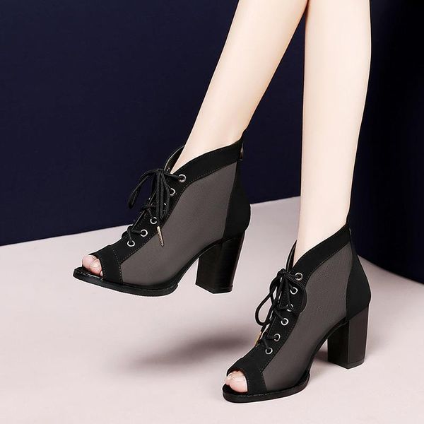 

boots 2021 women fish mouth sandal womens chunky-heel summer gauze hight cross lacing high heels sandals cool, Black
