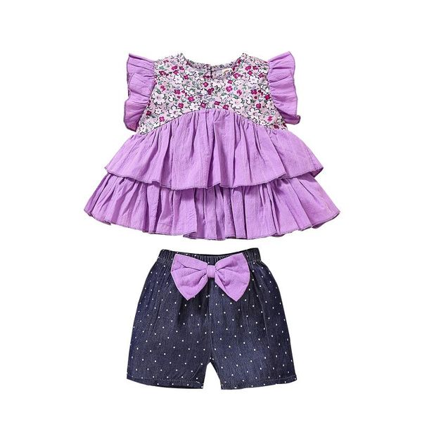 

1-4y fashion toddler baby girls clothes sets floral print short sleeve ruffle t shirt bow shorts 2pcs outfit clothing, White