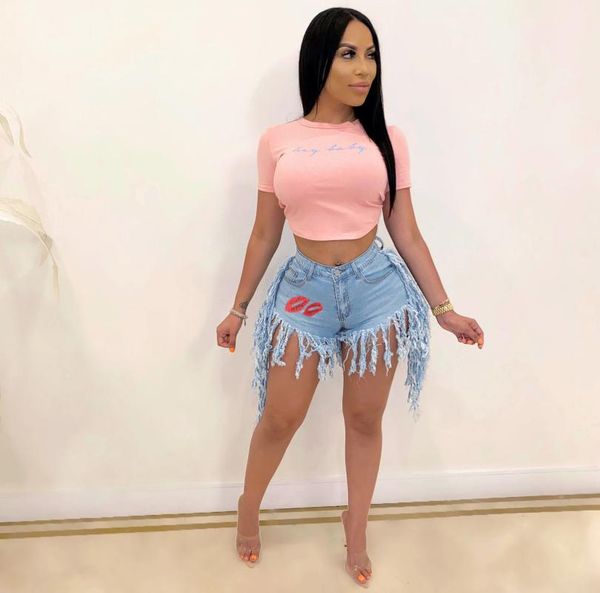 

women's jeans wjustforu embroidery for women tassel skinny short ripped high waist party club plus size denim shorts female, Blue